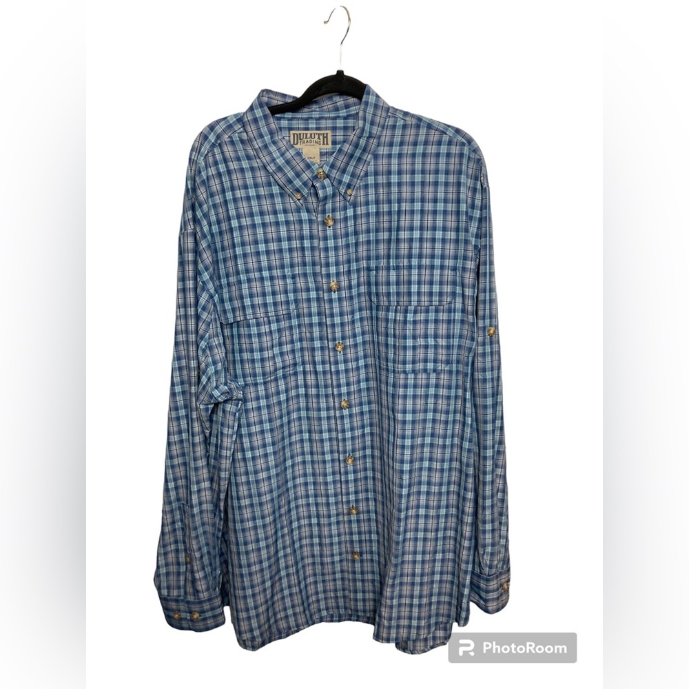 Duluth Trading Company blue plaid long sleeve roll tab button down. 2XL Tall